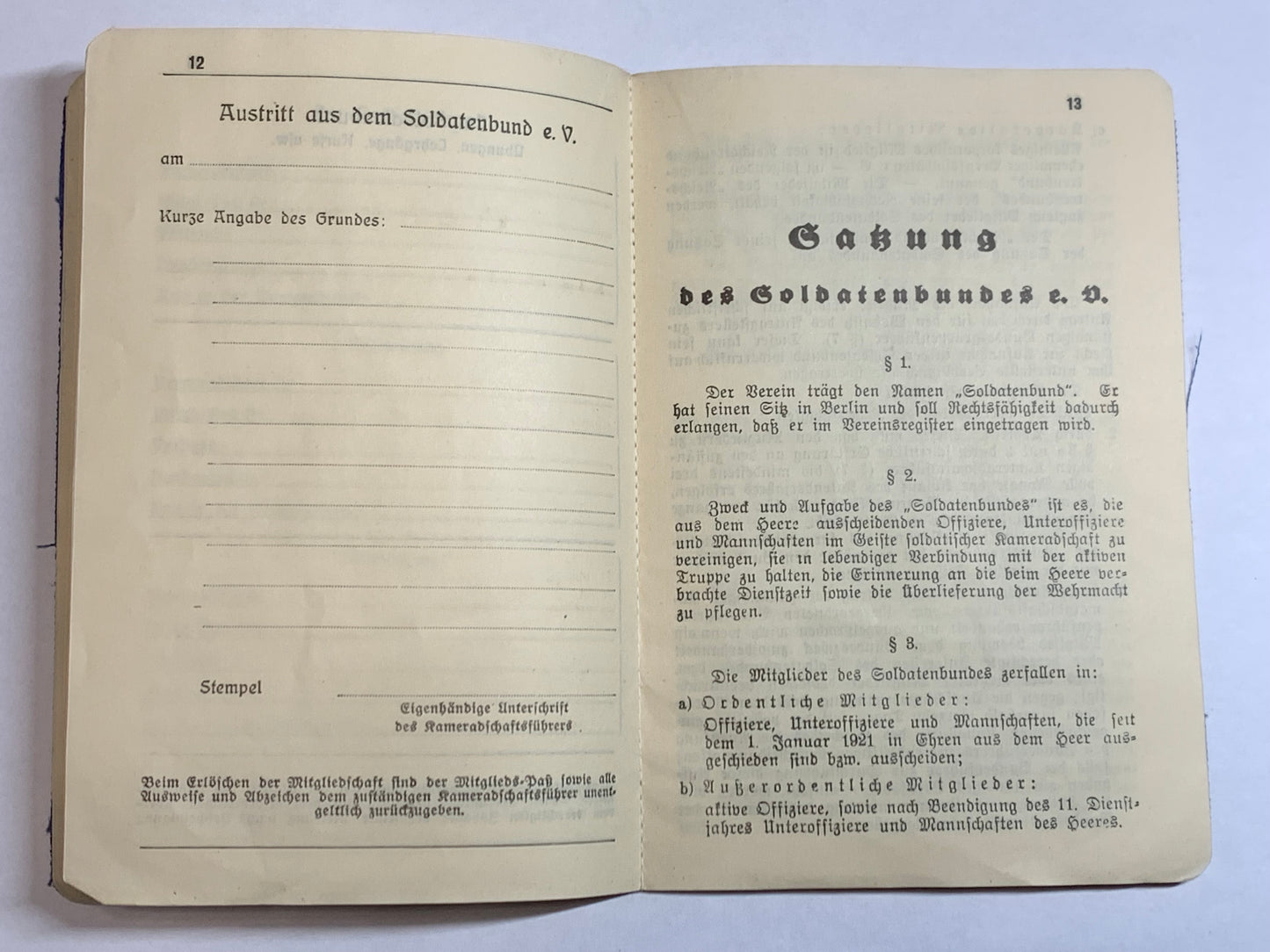 Mitgliedspaß Soldatenbund e.V., München 1936, militärische antiquitäten
