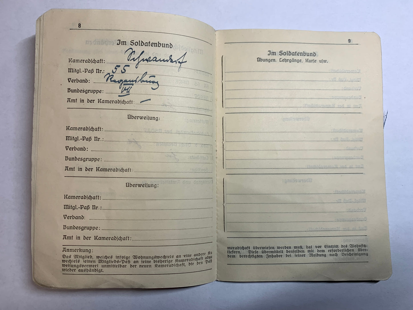 Mitgliedspaß Soldatenbund e.V., München 1936, militärische antiquitäten