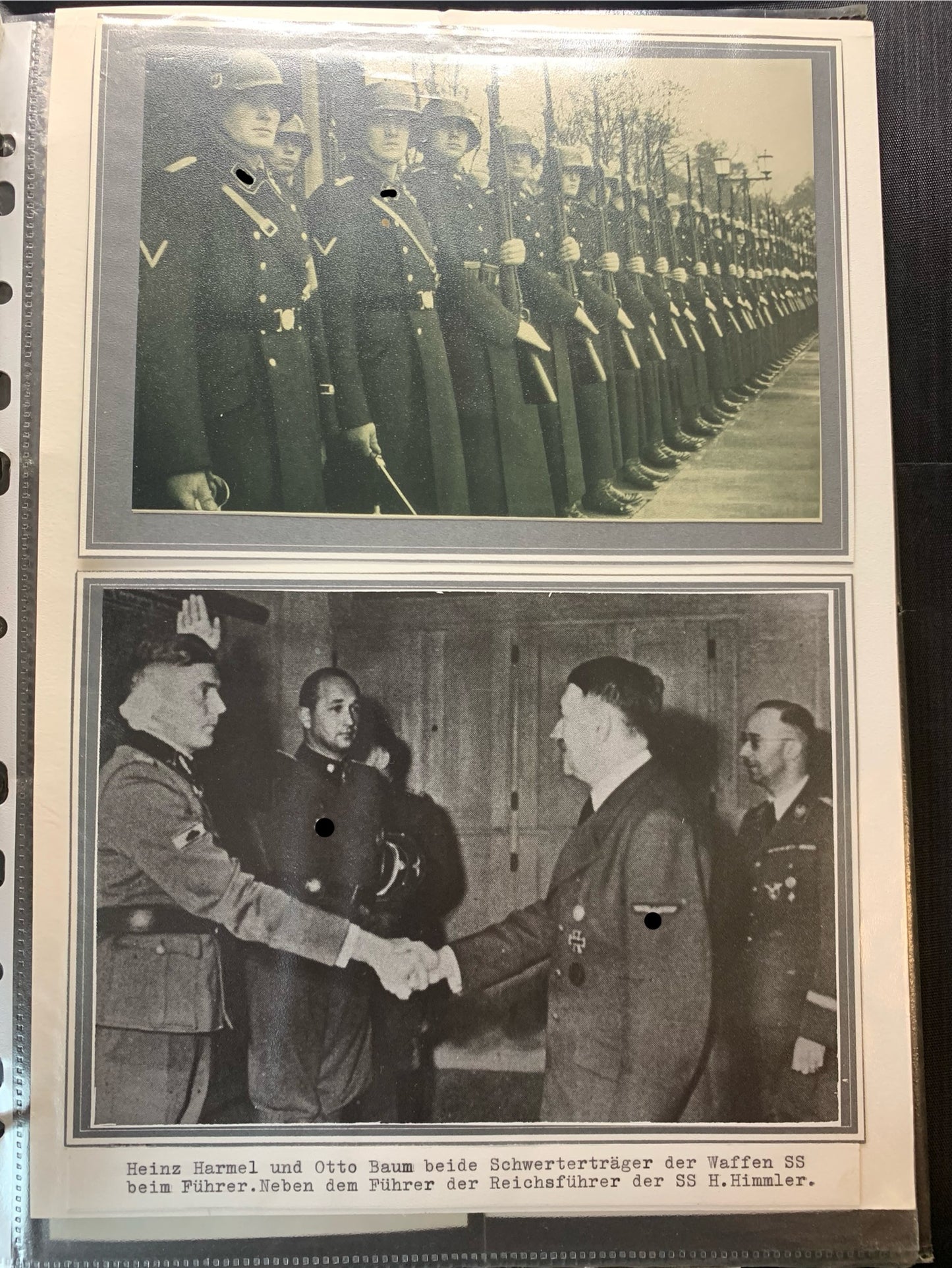 Konvolut Ritterkreuzträger Heinz Harmel, 10.SS Panzerdivision, Unterschriftenkarte, Archivfotos mit Harmel und Hitler, signiertes Buch ,,Dran Drauf und durch“, Grabstein von Harmel, Kopien von Zeitungsartikel mit Harmel, alles aus der Nachkriegszeit