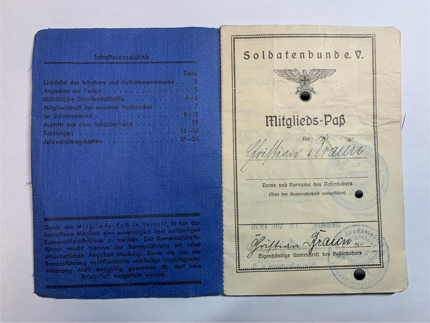 Mitgliedspaß Soldatenbund e.V., München 1936, militärische antiquitäten