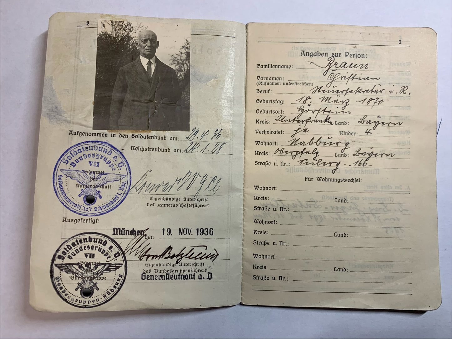 Mitgliedspaß Soldatenbund e.V., München 1936, militärische antiquitäten