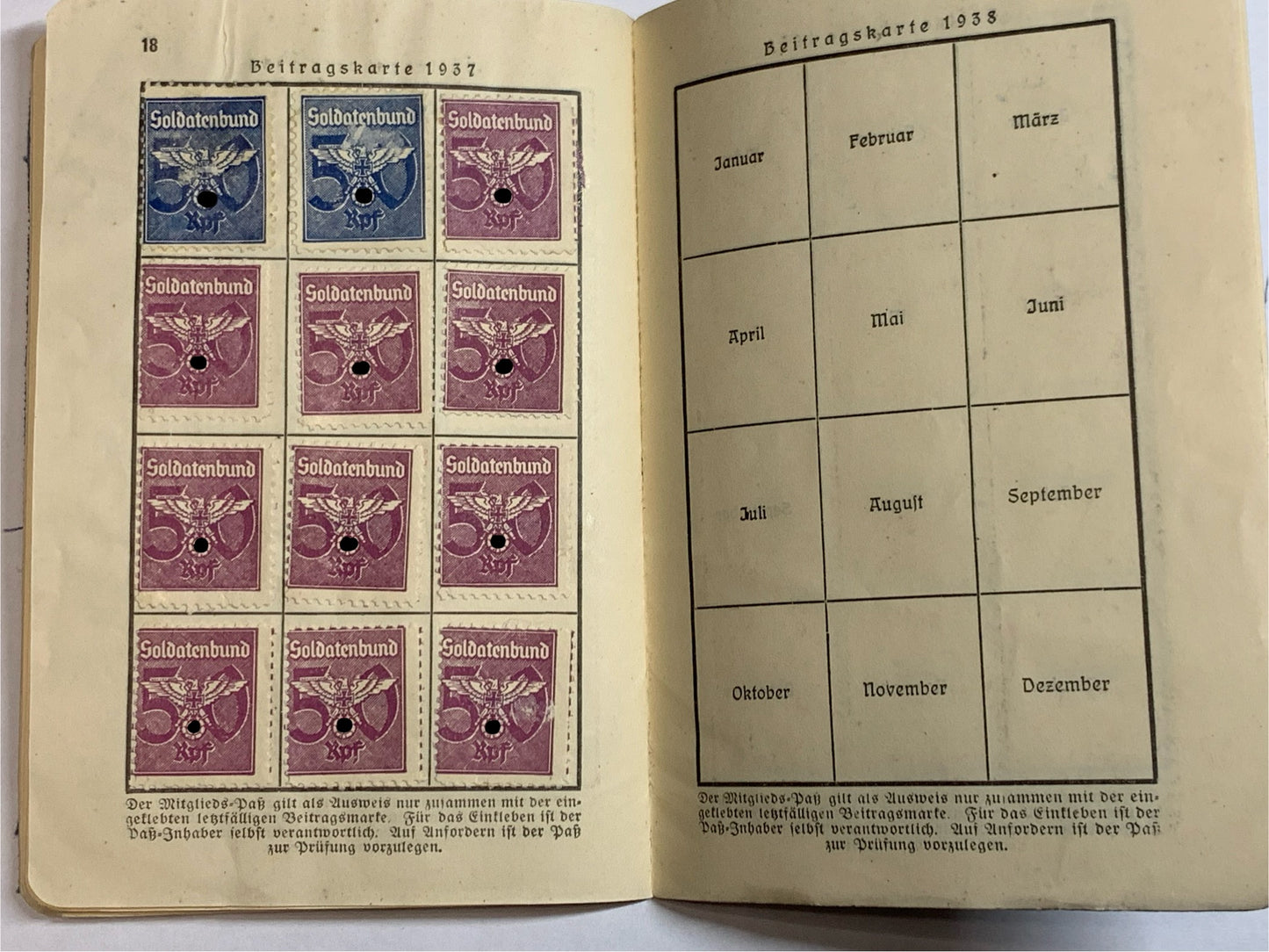 Mitgliedspaß Soldatenbund e.V., München 1936, militärische antiquitäten