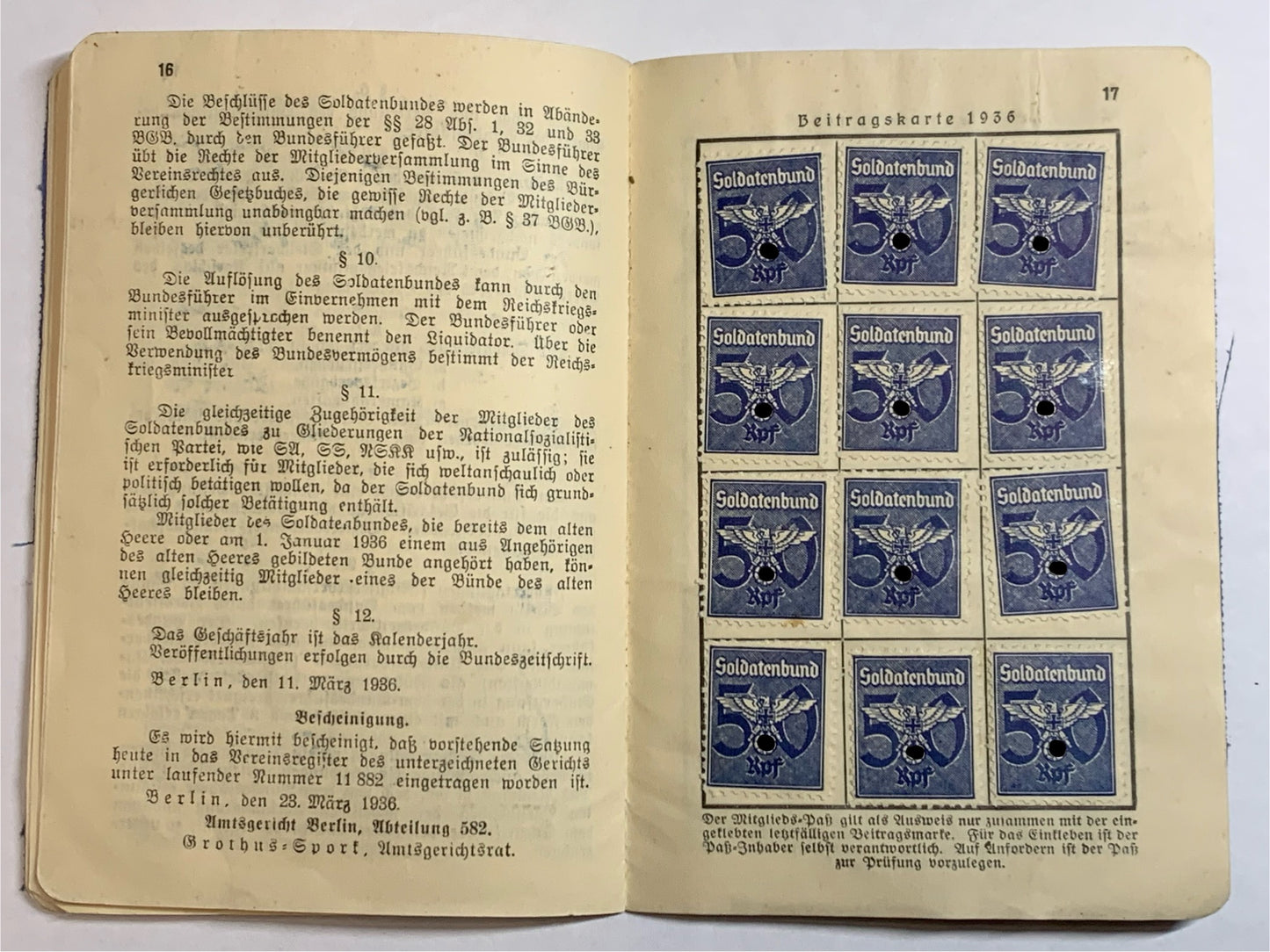 Mitgliedspaß Soldatenbund e.V., München 1936, militärische antiquitäten
