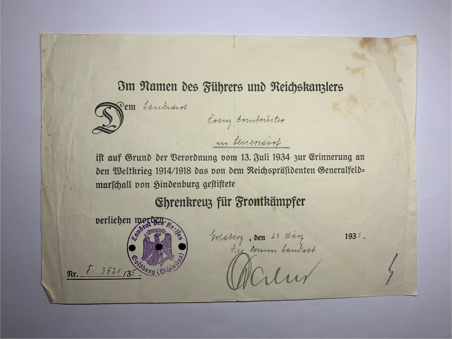 Urkunde Ehrenkreuz für Frontkämpfer, 29.03.1935, Landwirt Franz Armbrüster, Leisersdorf, militärische antiquitäten
