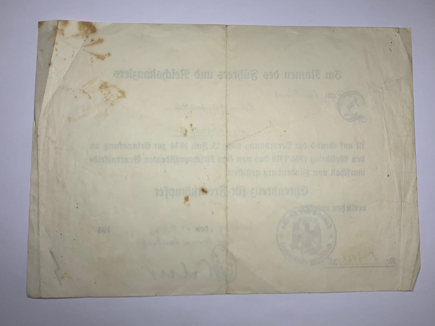 Urkunde Ehrenkreuz für Frontkämpfer, 29.03.1935, Landwirt Franz Armbrüster, Leisersdorf, militärische antiquitäten