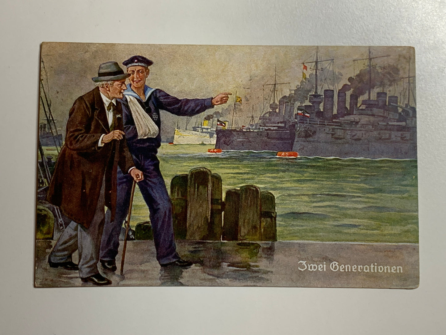 Postkarte ,,zwei Generationen“, Kriegsschiffe, 1917