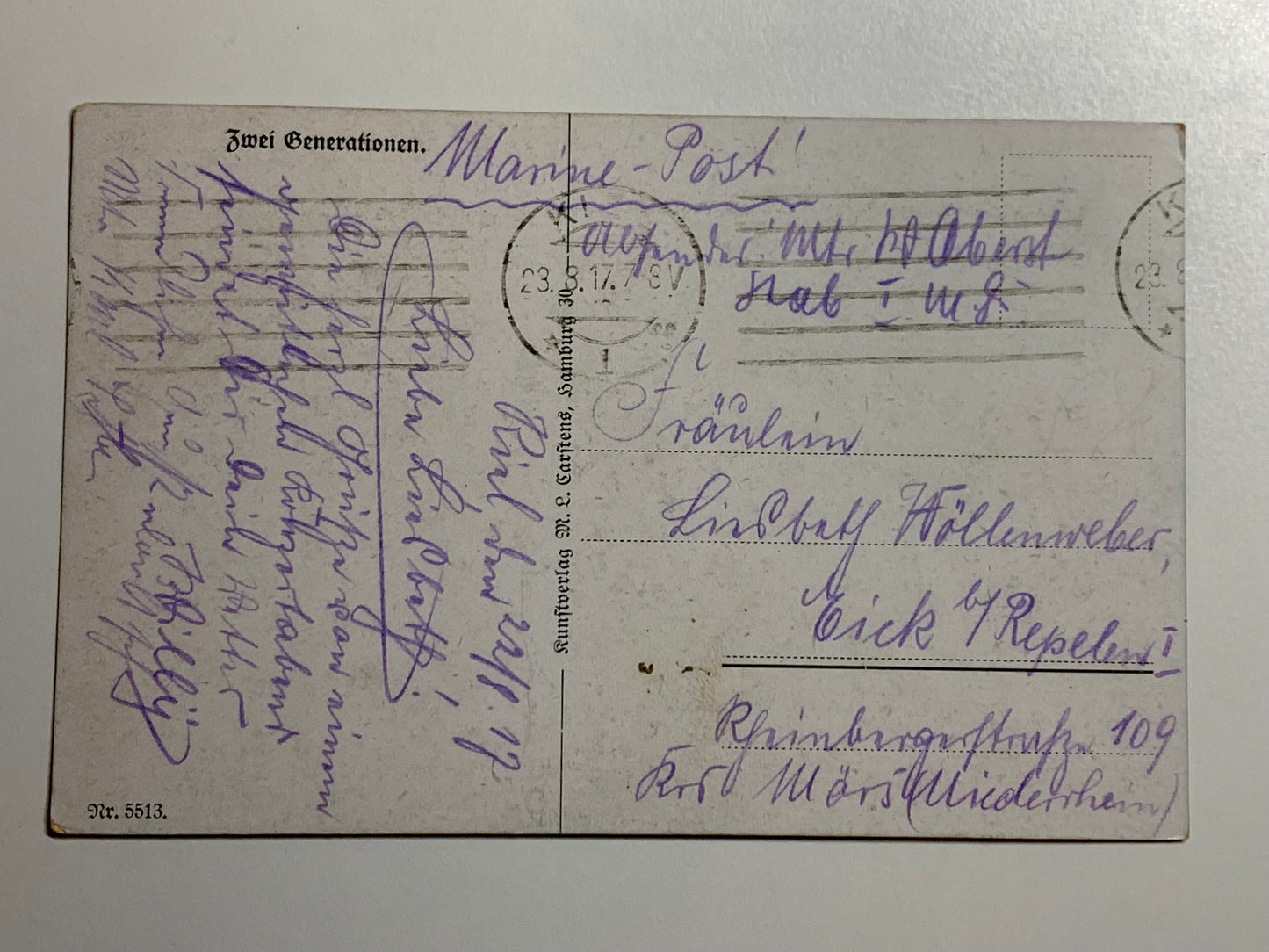 Postkarte ,,zwei Generationen“, Kriegsschiffe, 1917